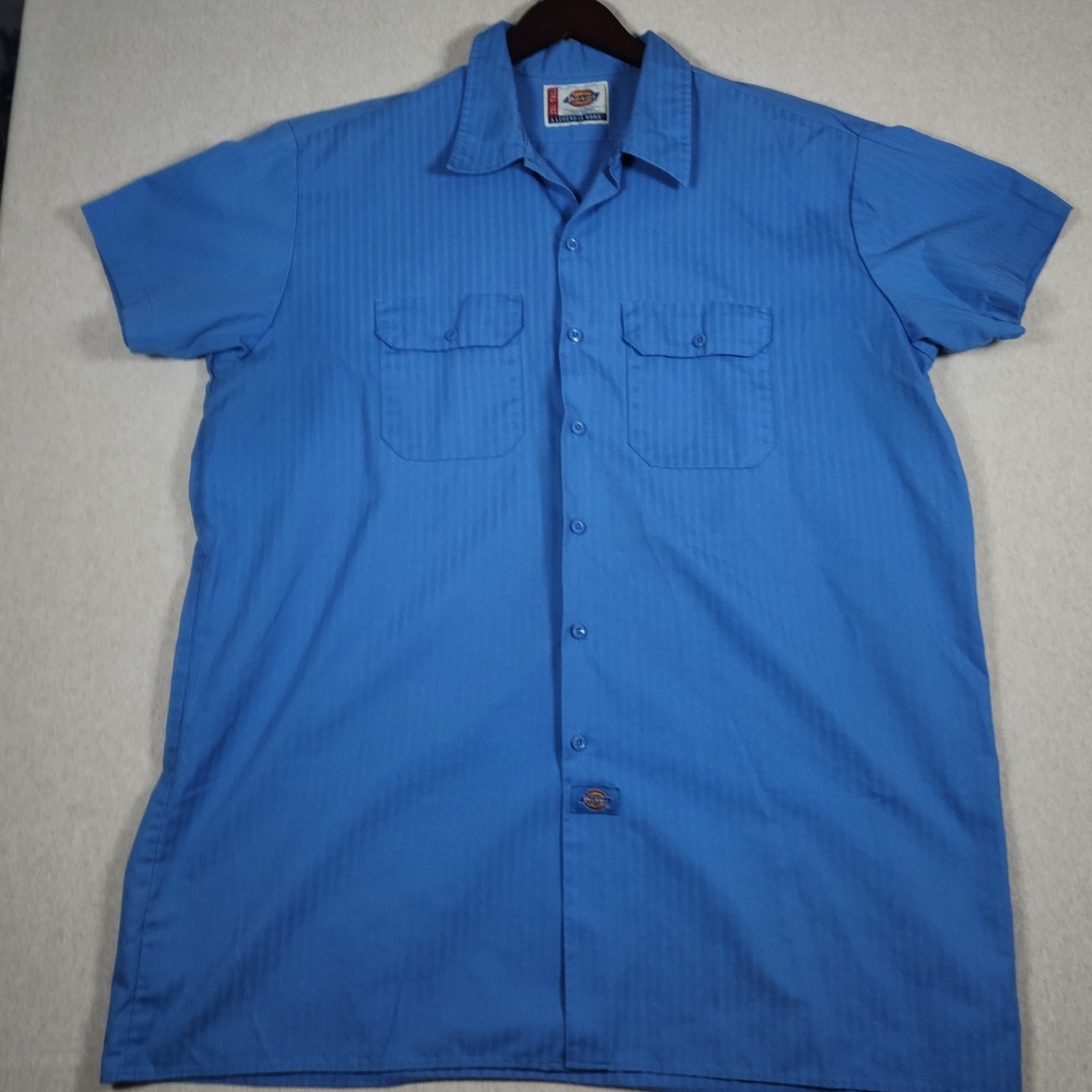 Dickies Short Sleeve Pinstripe Work Shirt Mens 2XL Tall Blue Pocket Button Up